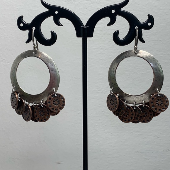 Silpada Vintage HTF Sterling Silver & Copper Coin ChaCha Hoop Frch Wire Earrings - Picture 2 of 14